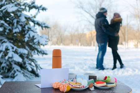 Romantic picnic on a frosty winter day in nature outside the city.