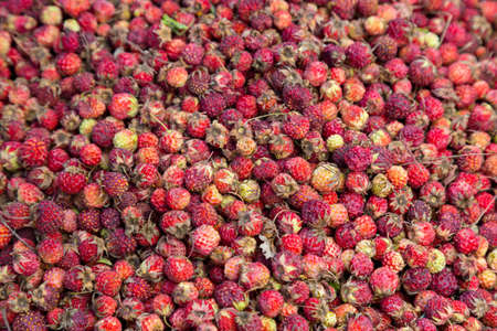 A big pile of fresh juicy strawberries in a wooden box at the market.