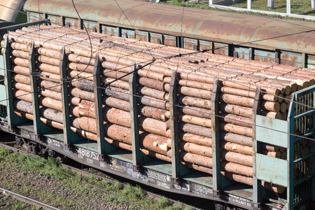 Irkutsk, Russia July 24, 2021 - Railway carriage with timber. Editorial.のeditorial素材