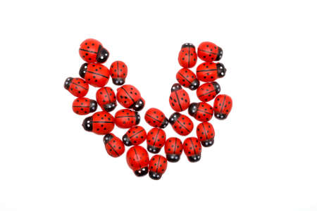 Wooden fittings bright insects ladybugs on a white background in the form of a heart.の写真素材
