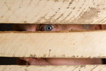 A human eye peeping through the crack of an old wooden fence, close-up.の写真素材