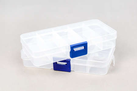 Plastic transparent boxes with individual cells with a blue lid on a white background.