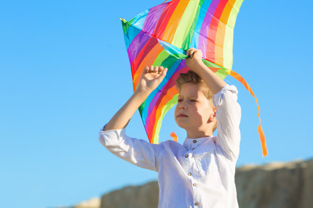 A boy with a kite in his hands against the backdrop of mountains and desert.の写真素材