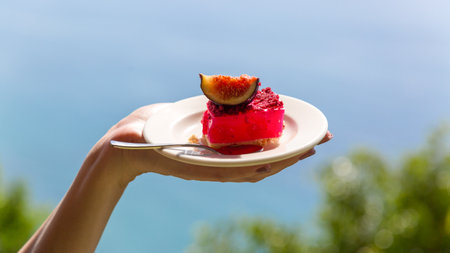 A woman holds a plate with a cake poured with red jelly with figs on the background of the sea.の写真素材
