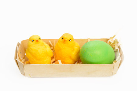 Easter soap set handmade two chickens and an egg in a wicker boat.