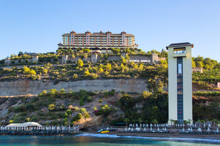 Alanya, Turkey - September 27, 2022 Utopia World hotel view from the sea to the beach. editorial.のeditorial素材