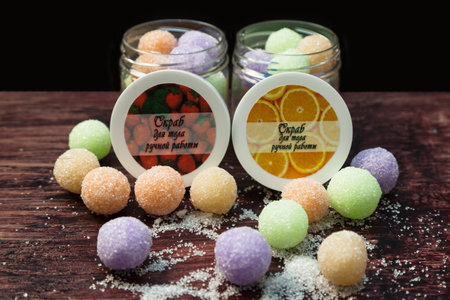 Body scrub - consists of a nourishing moisturizing base, as well as abrasive particles. Translation of the inscription - Handmade body scrub.の写真素材