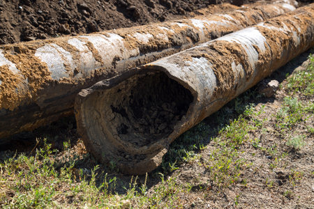 Replacement city water supply, old rusty pipes among the heaps of earth.の写真素材