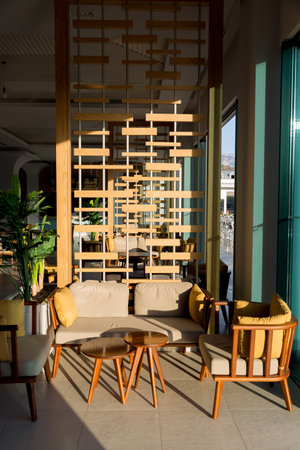 Furniture for relaxing under bright sunlight modern street cafe design.,の写真素材