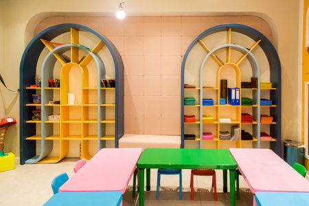 Playroom young children, interior, bright colored furniture.の写真素材