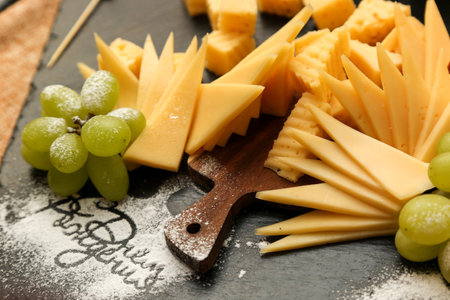 Different types of cheese on slate plate, closeup. Dairy productsの写真素材