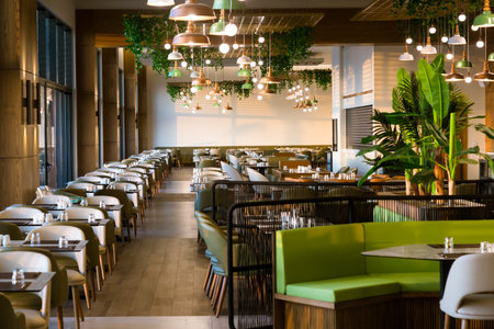 Beautiful restaurant hall, modern interior design of the catering industry.の写真素材