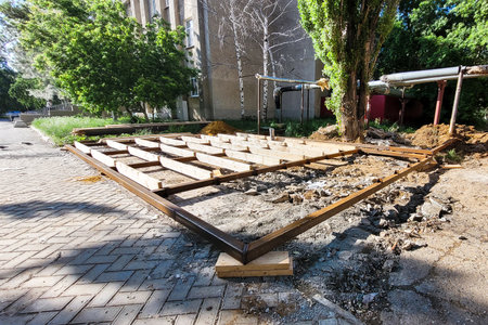 Construction of a street shopping pavilion for a store, all stages of construction, detailed...
