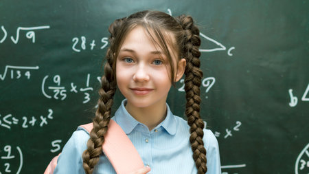 Beautiful teenage schoolgirl with brown hair near the blackboard close up portrait.