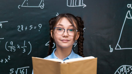 Beautiful teenage schoolgirl reading a textbook for a teacher while standing at a blackboard at...