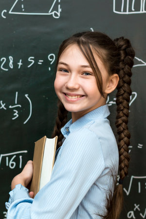 A high school schoolgirl stands near the blackboard with a textbook in her hands, portrait of a teenage girl at school.の写真素材