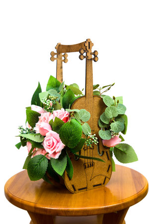 Bouquet of handmade soap in a flowerpot - violin (roses, clarkia, bud, artificial greenery).の写真素材