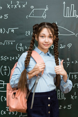 Portrait of a schoolgirl with dark brown hair, teenage student