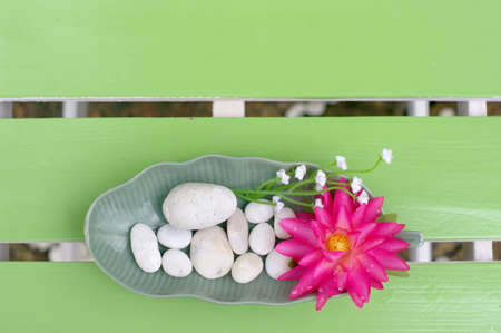 Lotus bloom in the plate on the tableの写真素材