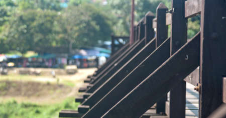 The old wooden bridge Mon bridge at sangklaburi, kanchanaburi, Province Asia thailandの写真素材