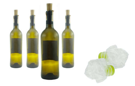 Green glass bottles and plastic bottlesの写真素材