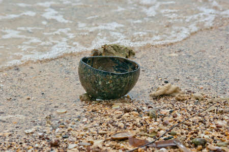 old coconut empty shell on the beachの写真素材