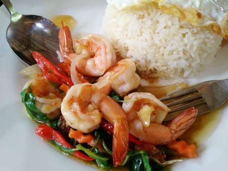 Thai food, shrimp ,with chili pepper and sweet basil, fast food Thailandの写真素材