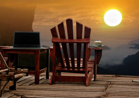Office outdoor on mountain and mist sunsetの写真素材