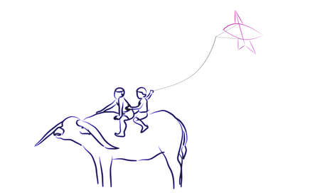 Depicting children riding water buffalo are flying kites.の写真素材