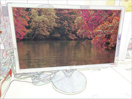 Drawings mix photos morning autumn forest and river in LED monitorの写真素材