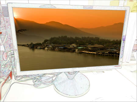 Drawings mix photos morning fishing boats village at Thailand in LED monitorの写真素材