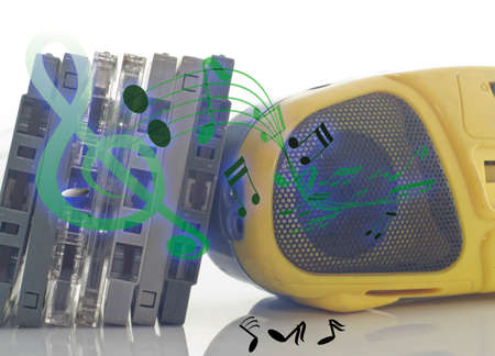 Old cassette tapes cassette player and music sound noteの写真素材