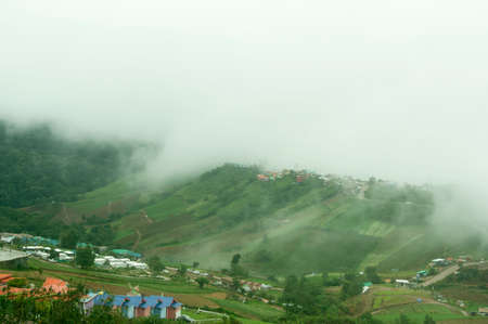 beautiful country in Thailand with mist and beautiful mountainの写真素材