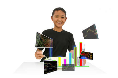 Asian children eat breakfast of businessの写真素材