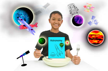 Smart kid Asia get ready learning astronomy for new experienceの写真素材