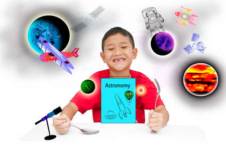Smart kid Asia get ready learning astronomy for new experienceの写真素材