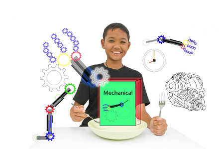 Smart kid Asia get ready learning mechanical for new experienceの写真素材