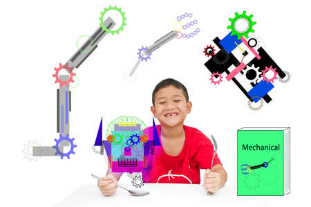 Smart kid Asia get ready learning mechanical for new experienceの写真素材