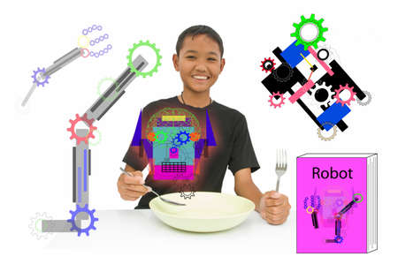 Smart kid Asia get ready learning mechanical for new experienceの写真素材