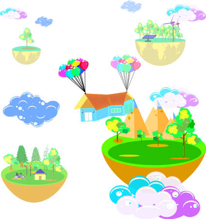 House hanging with balloon, business home and the world in imagination, vector art and illustration.のイラスト素材