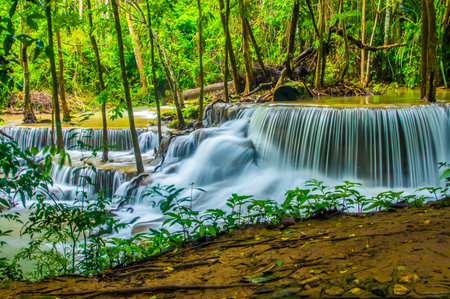 Huay Mae Khamin waterfall in Kanchanaburi province, Thailandの写真素材