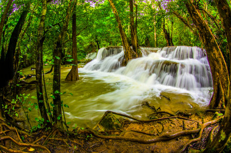 Huay Mae Kamin Waterfall in Kanchanaburi Province, Thailandの写真素材