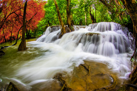 Huay Mae Kamin Waterfall in Kanchanaburi Province, Thailandの写真素材