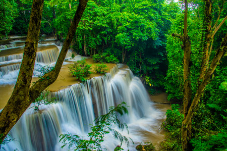 Huay Mae Kamin waterfall in Kanchanaburi province, Thailandの写真素材