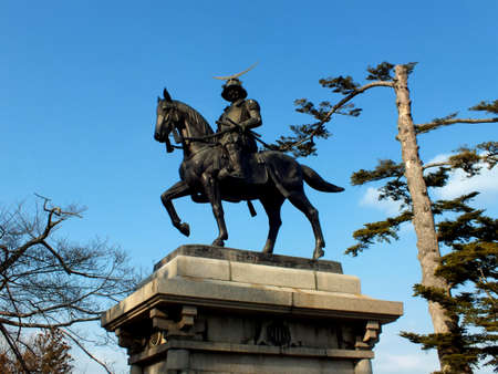 Sendai, Miyagi Prefecture, Tohoku region, Japan - September 9, 2009 - Statue of Masamune Date (the lord of Tohoku region in the Sengoku era) in Sendai castle park (or Aoba castle) on Mount Aobaのeditorial素材