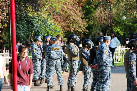 Riot police at the protest in Moscow, on Plevna Chapel Square on the 7th of May, 2012のeditorial素材