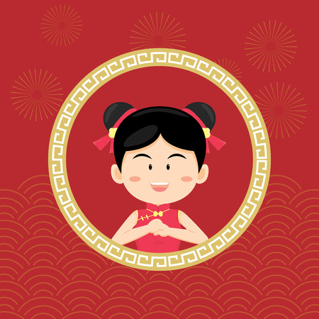 Chinese New Year Girl Greeting Flat Card on red backgroundのイラスト素材