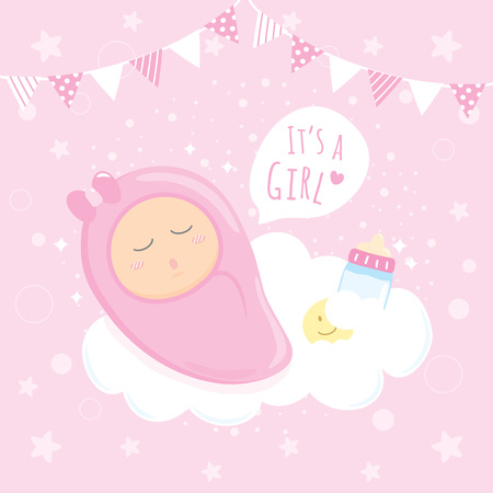 Baby Girl Shower sleeping on clouds, Happy Birthday for new born celebration greeting and invitation Post card Sizeのイラスト素材