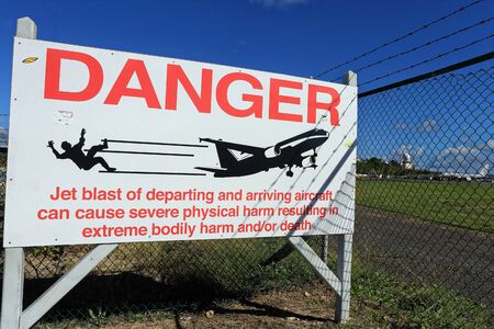 danger sign at Maho Beach in St.Martin Island before the Irma Hurricane Damageのeditorial素材