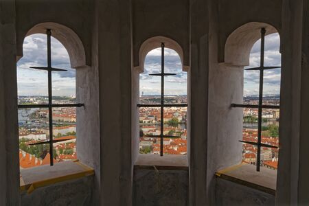 Panorama View of Moldau river and old prague city from St. Vitus Cathedral